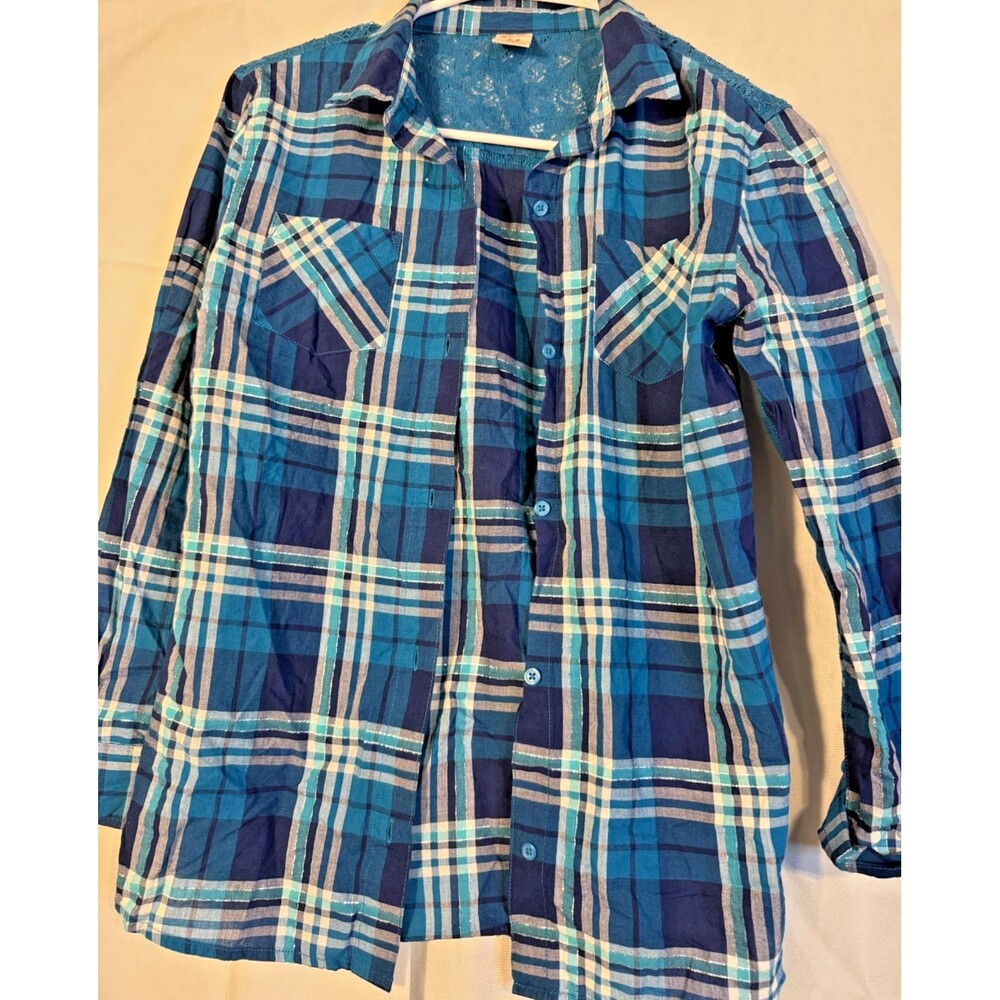 Girl's Teal Western Show Country Shirt Button Up Lace Soft gunge XL 16 Plaid
